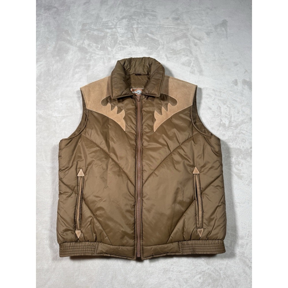 Vintage Pioneer Wear Vest Mens Large Brown Western Down Puffer Suede Nylon